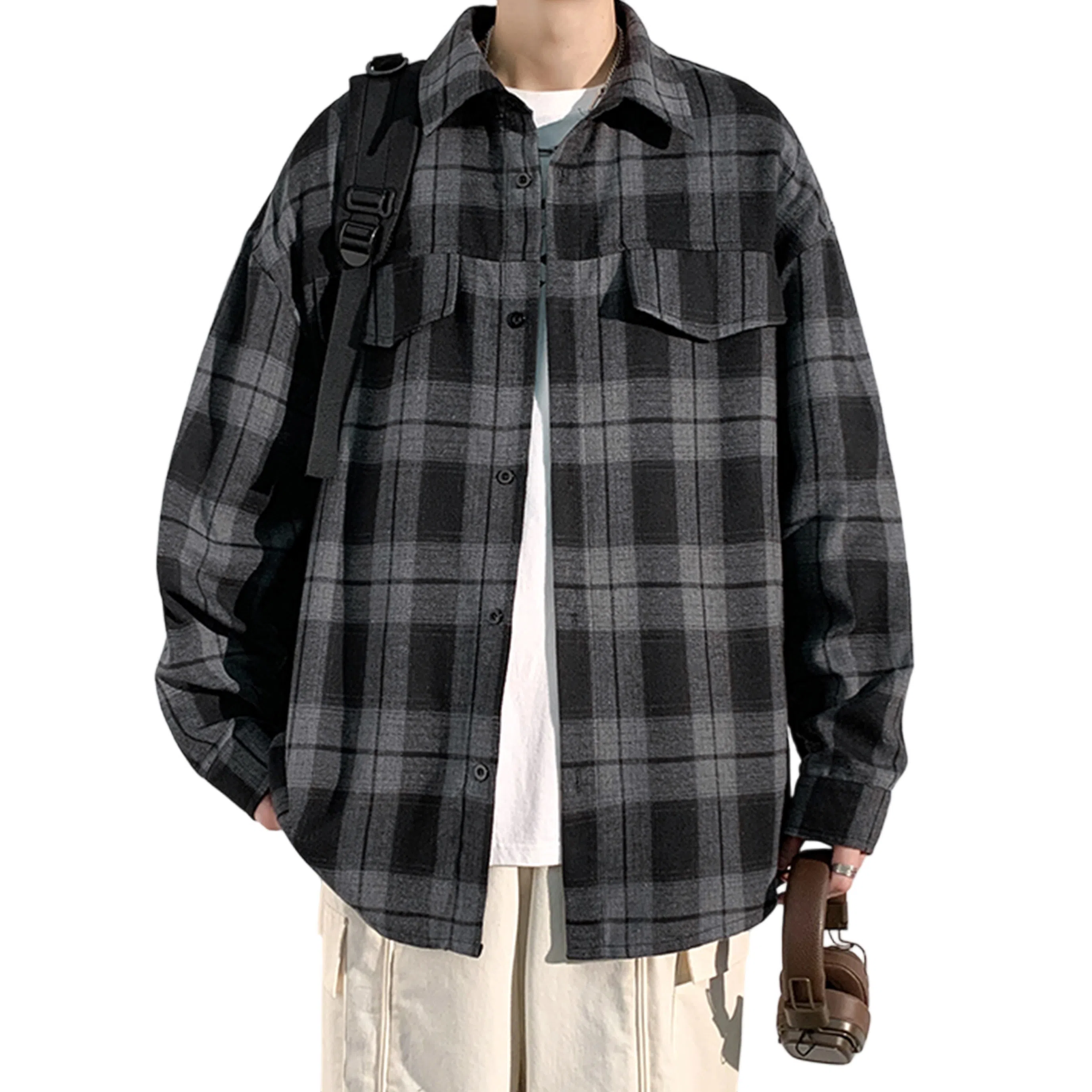 冈哉 港风复古格子双口袋拼接翻领单排扣设计美式潮流宽松松弛感衬衣外套外穿内搭叠穿休闲通勤长袖衬衫 男女同款