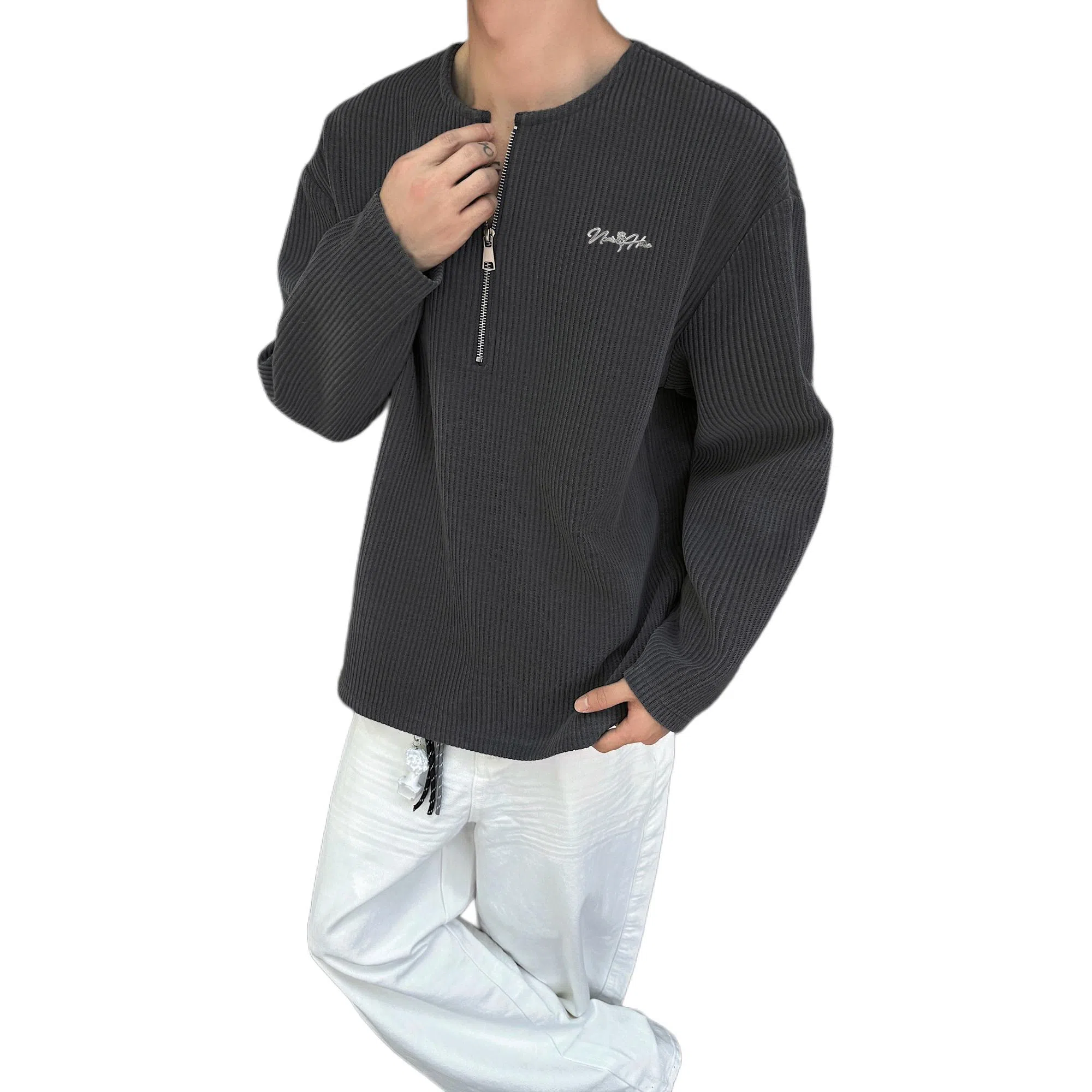 【高街半开领华夫格】布客行 拉链领口长袖内搭美式复古亲肤柔顺港风垂感宽松大码日系慵懒风纯色小众百搭学院风可外穿通勤卫衣 男女同款