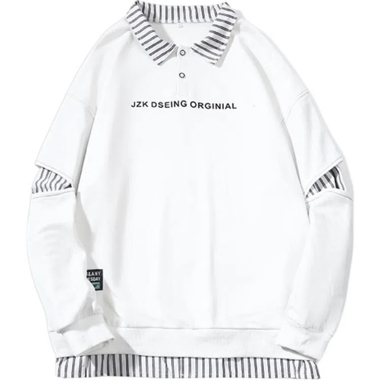 太子龍 大码印花假两件条纹卫衣 男款