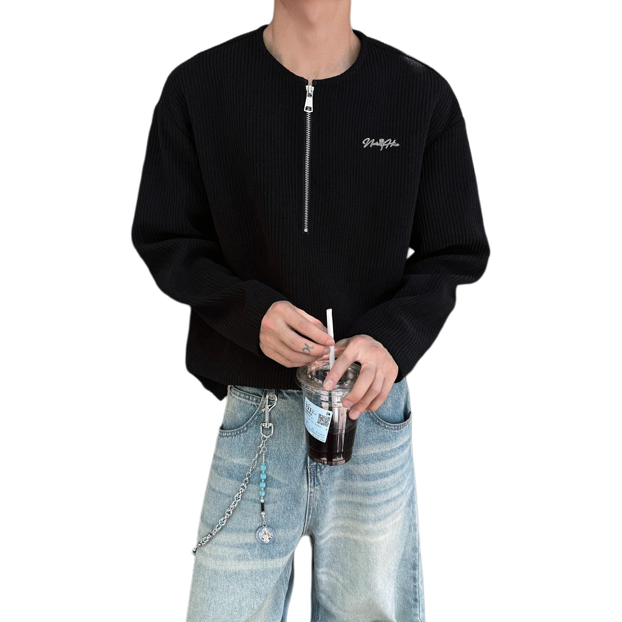 【高街半开领华夫格】布客行 拉链领口长袖内搭美式复古亲肤柔顺港风垂感宽松大码日系慵懒风纯色小众百搭学院风可外穿通勤卫衣 男女同款