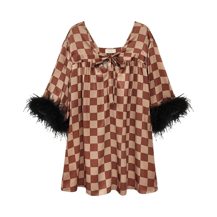 桑罗 复古睡衣格纹羽毛舒适可外穿七分袖家居服睡裙 女款