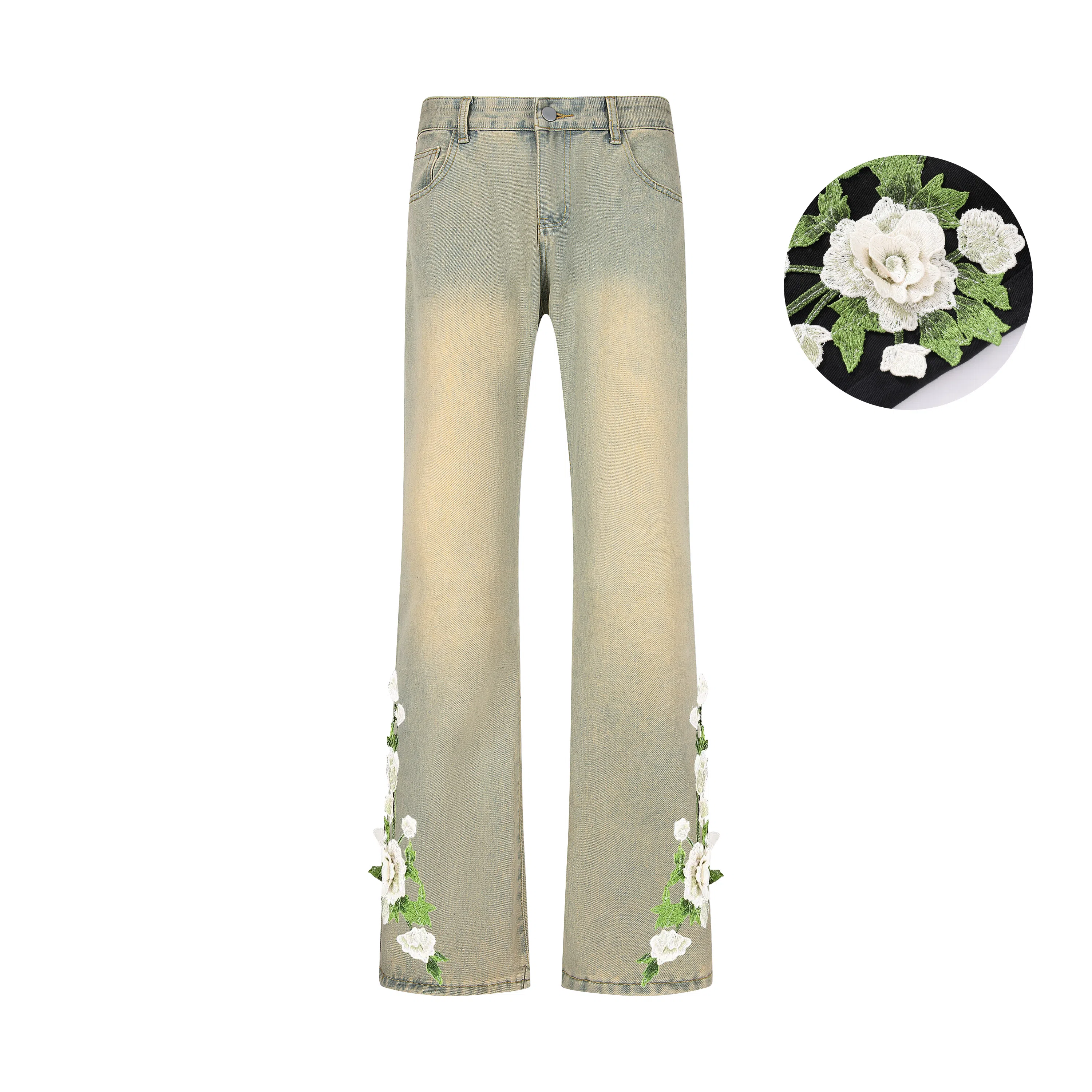 【万针刺绣3D立体浮雕】布客行 重工美式复古水洗直筒基础款花卉透气高街舒适亲肤休闲百搭微喇纯色长裤显高显瘦显腿长牛仔裤 男女同款