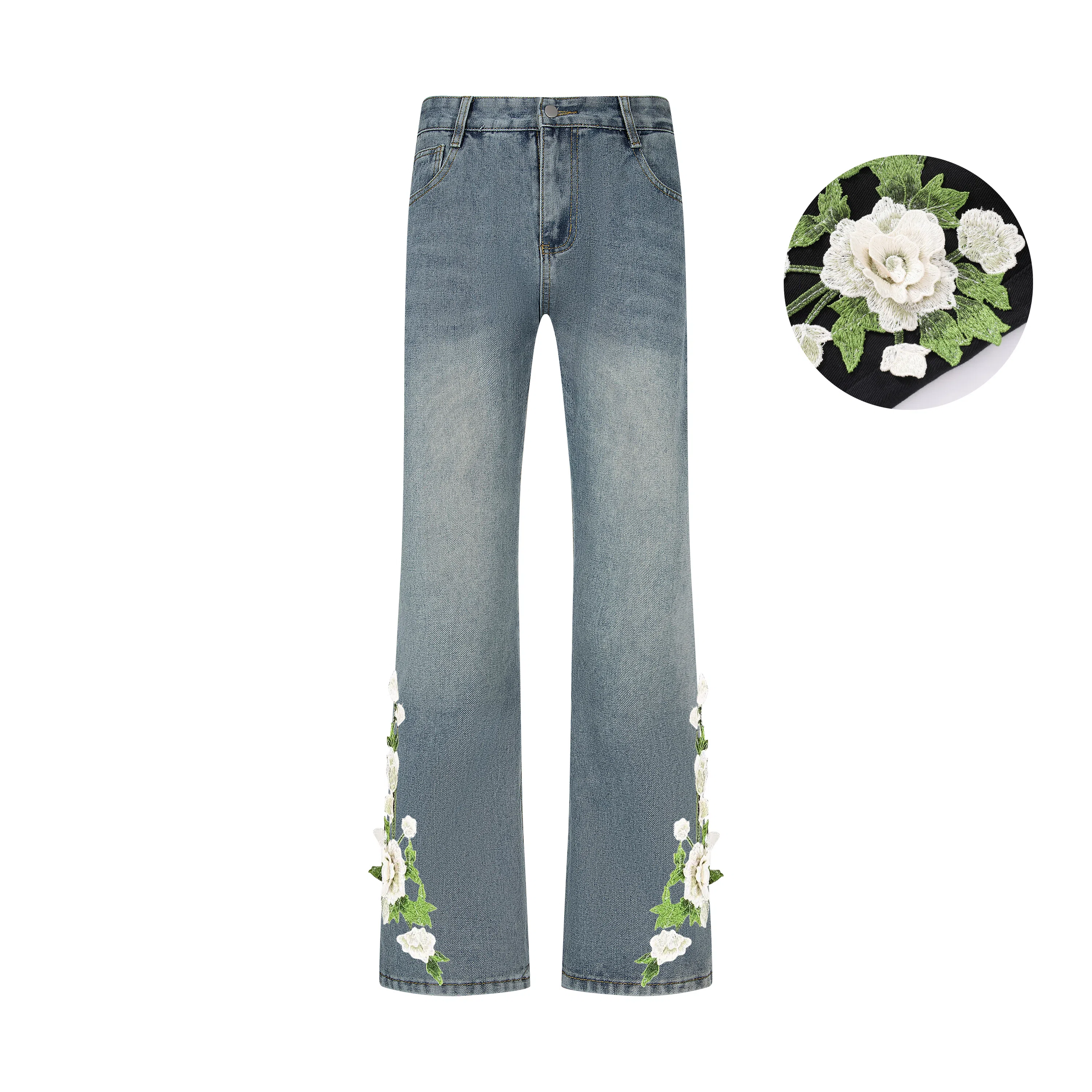 【万针刺绣3D立体浮雕】布客行 重工美式复古水洗直筒基础款花卉透气高街舒适亲肤休闲百搭微喇纯色长裤显高显瘦显腿长牛仔裤 男女同款