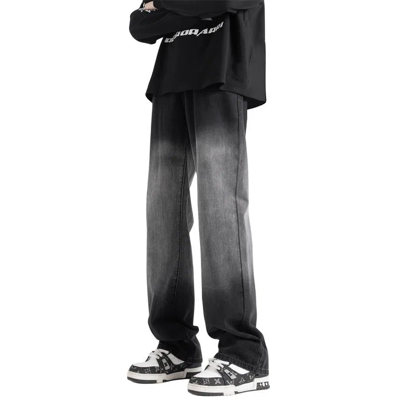 顶峰保罗 美式高街复古渐变宽松直筒休闲长裤无性别主义潮流百搭水洗做旧痞帅牛仔裤 男女同款