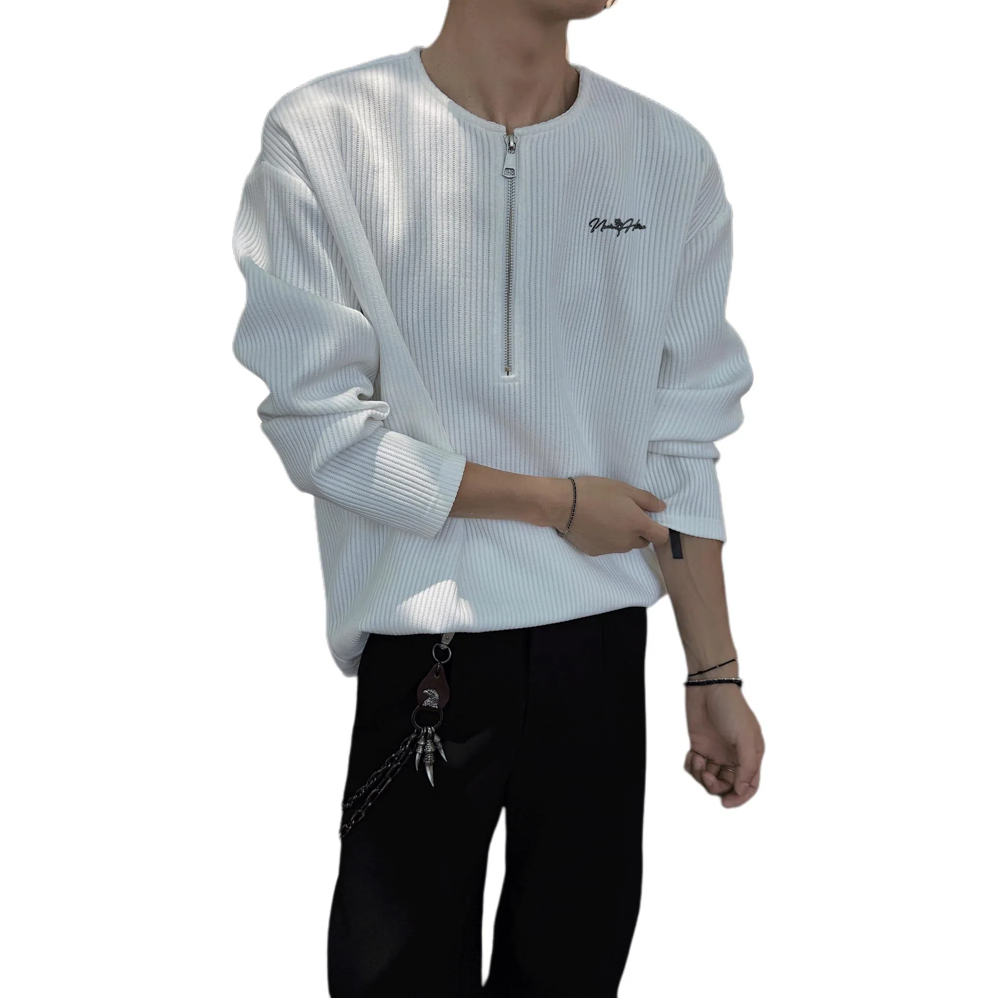 【高街半开领华夫格】布客行 拉链领口长袖内搭美式复古亲肤柔顺港风垂感宽松大码日系慵懒风纯色小众百搭学院风可外穿通勤卫衣 男女同款