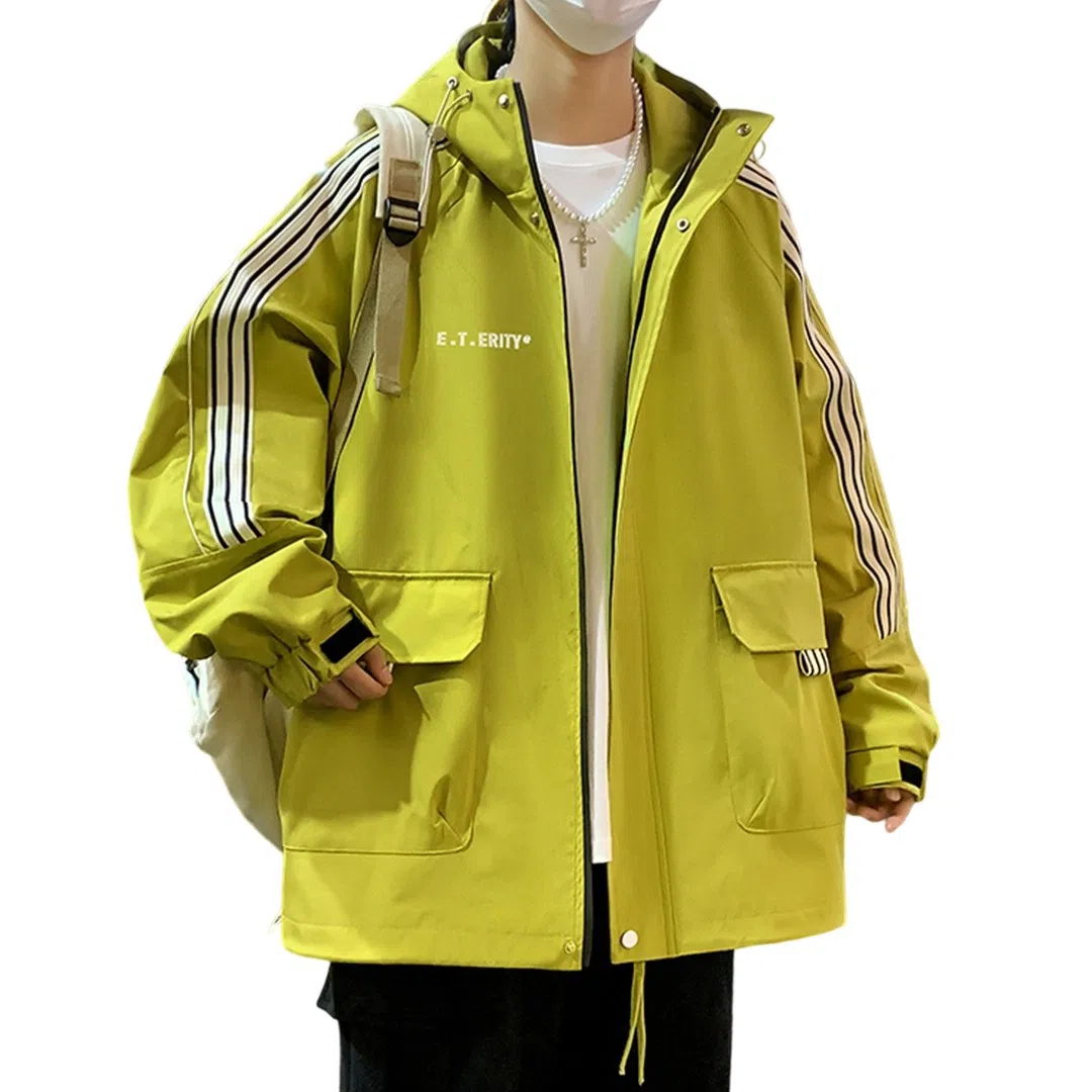 顶峰保罗 美式条纹拼接撞色拉链休闲工装长袖连帽上衣无性别主义直筒宽松加肥加大简约百搭潮牌高街夹克外套 男女同款