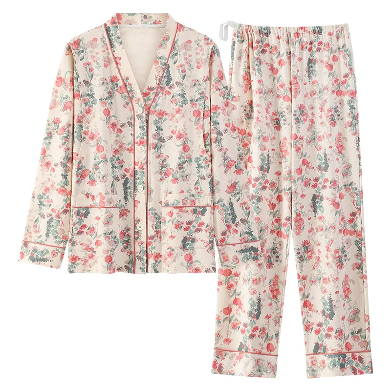 莫代尔 清新春秋一体式带杯垫气质简约花色月子家居服睡衣套装 女款