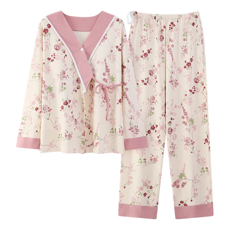 莫代尔 清新春秋一体式带杯垫气质简约月子家居服睡衣套装 女款