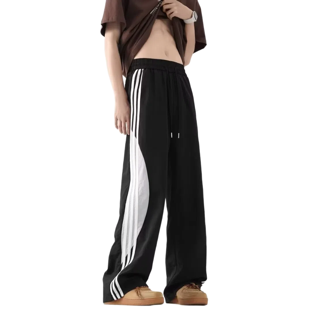 虫小绿 美式高街侧边拼接织带设计速干透气冰丝凉感降落伞工装裤宽松阔腿坠垂感显瘦百搭运动裤伞兵裤直筒休闲裤 男女同款