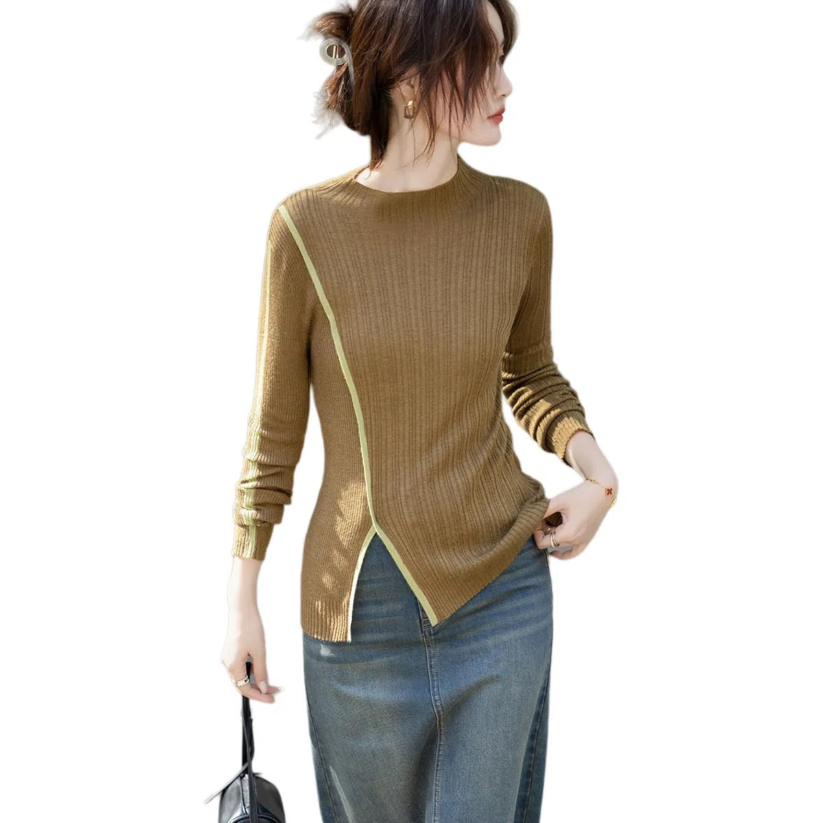 【dme】 秋季气质半高领线衫设计感分割撞色开叉优雅舒适简约大方修身针织衫 女款