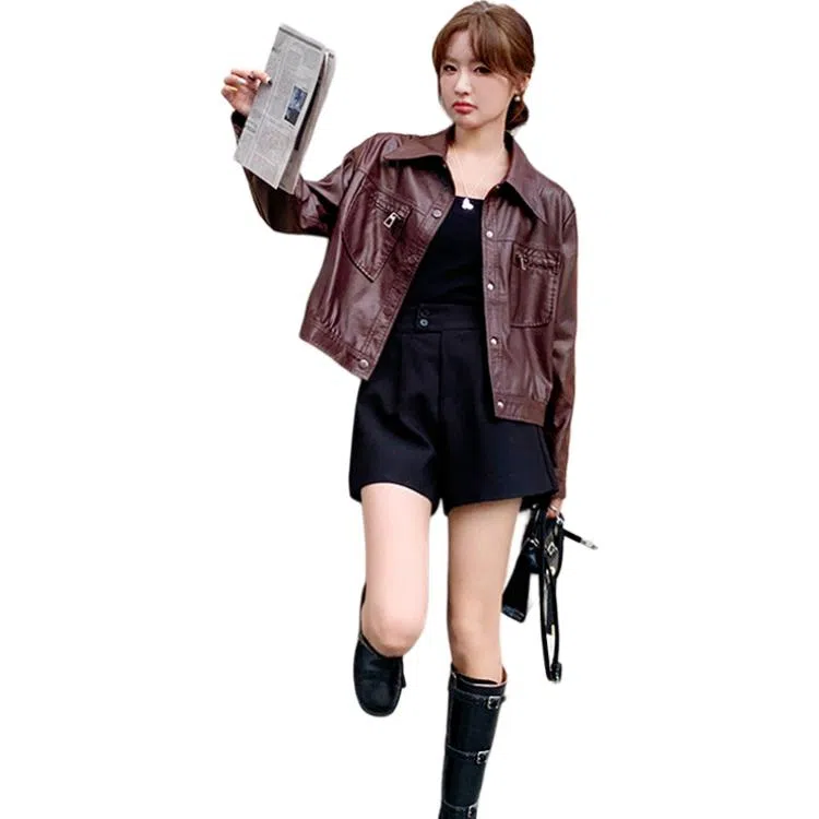 稻草人 时尚潮流休闲短款百搭秋冬外套皮衣 女款