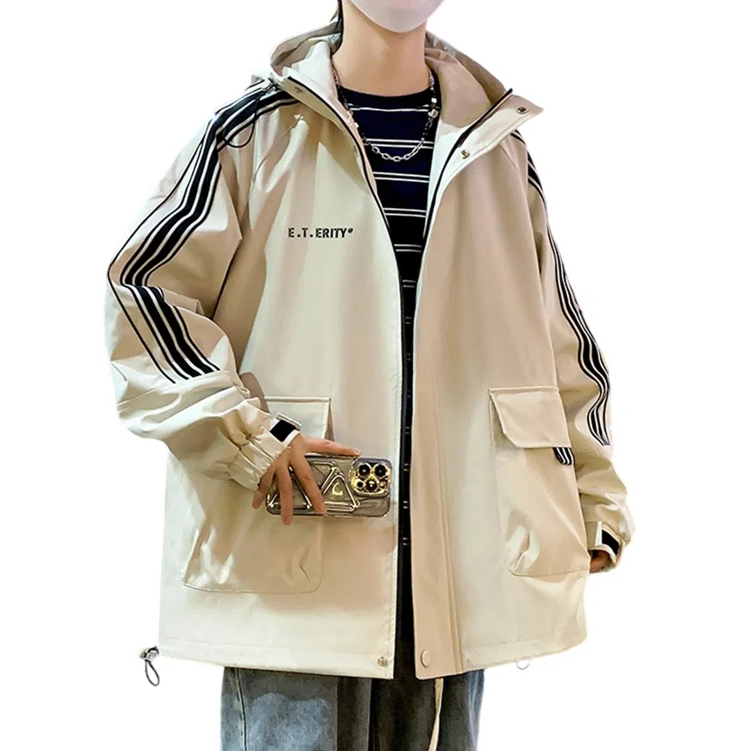 顶峰保罗 美式条纹拼接撞色拉链休闲工装长袖连帽上衣无性别主义直筒宽松加肥加大简约百搭潮牌高街夹克外套 男女同款