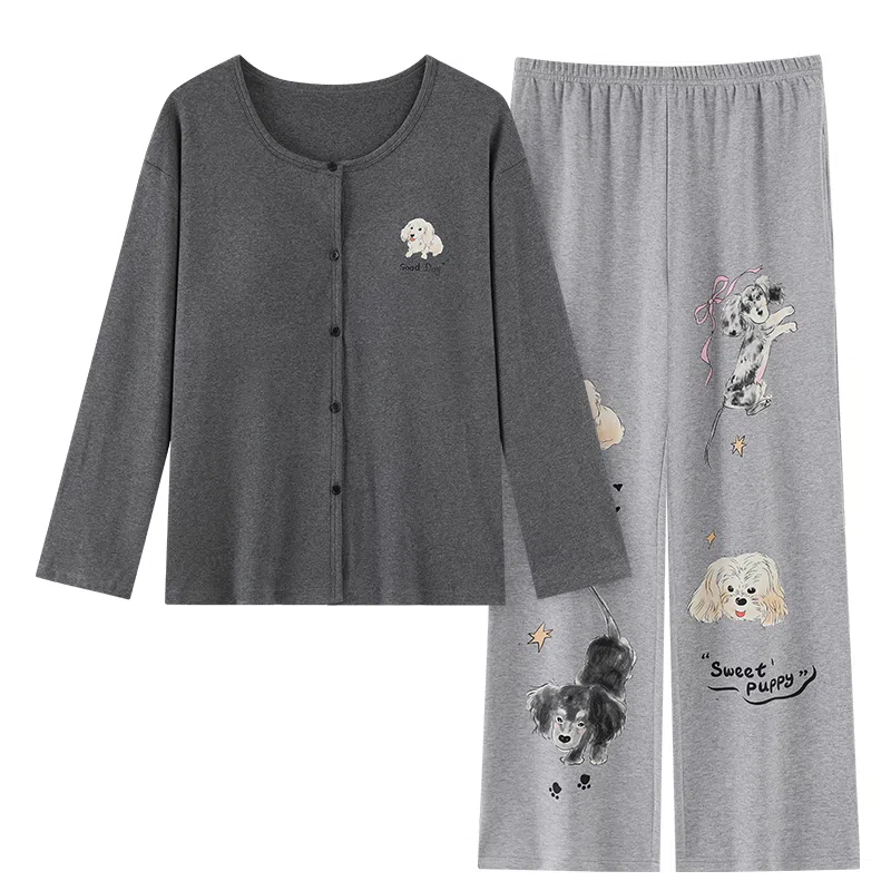 莫代尔 春秋季舒适柔软圆领开衫细腻免穿文胸带胸垫家居服可外穿睡衣套装 女款