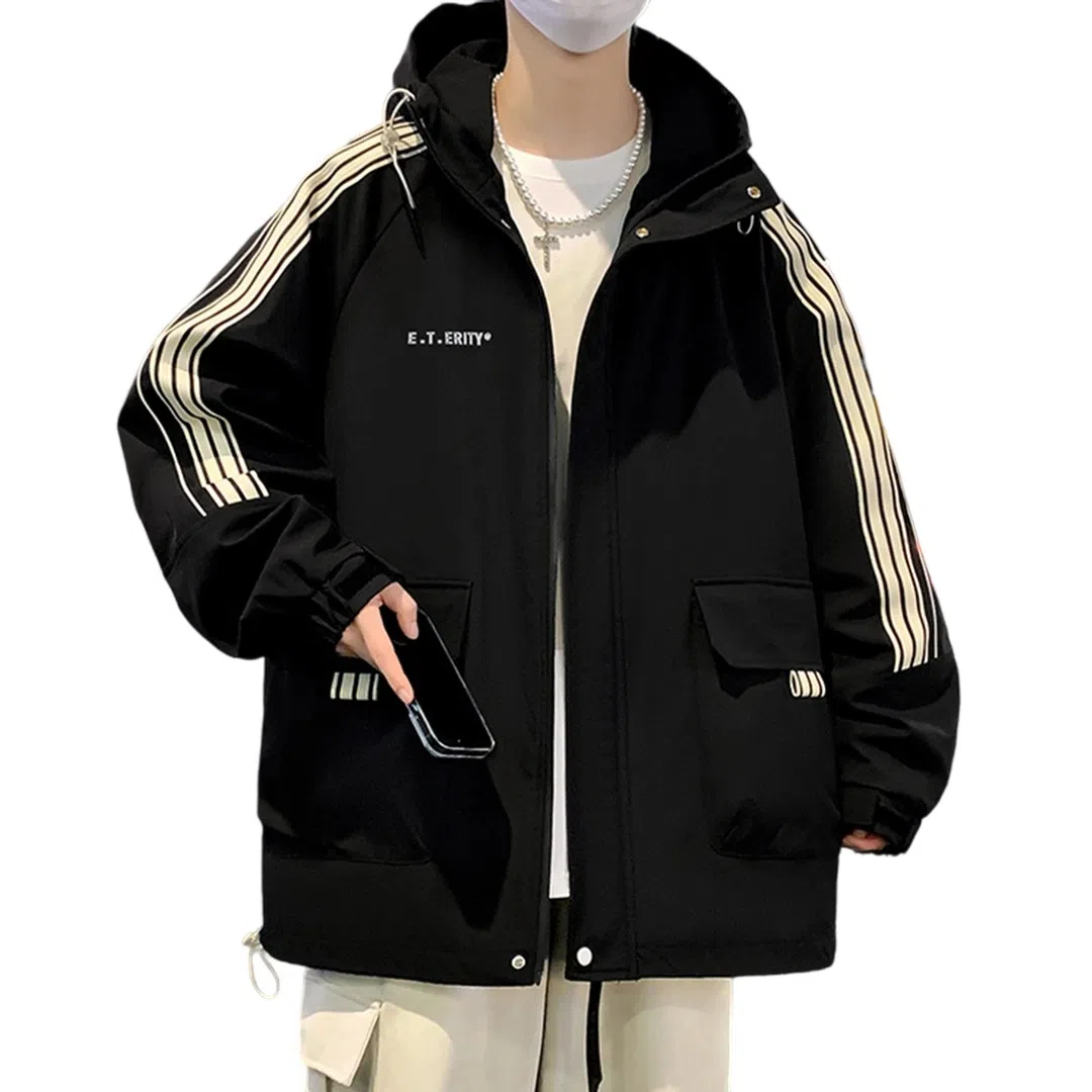 顶峰保罗 美式条纹拼接撞色拉链休闲工装长袖连帽上衣无性别主义直筒宽松加肥加大简约百搭潮牌高街夹克外套 男女同款