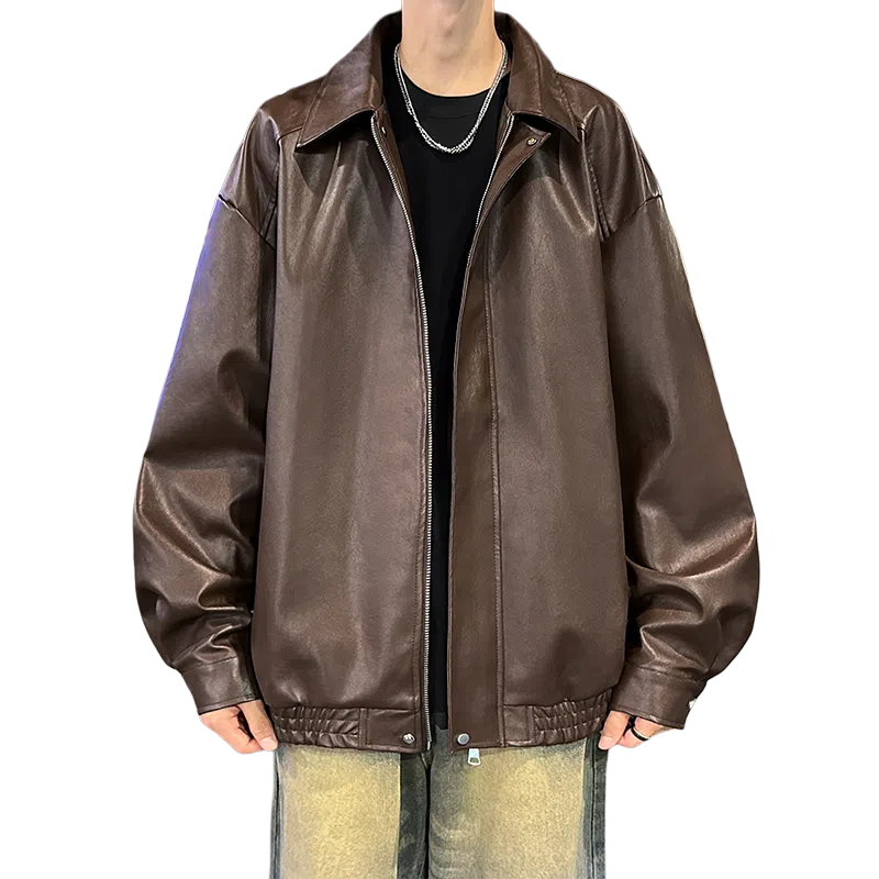 宝米卡 美拉德纯色翻领机车外套休闲春秋潮皮衣 男女同款