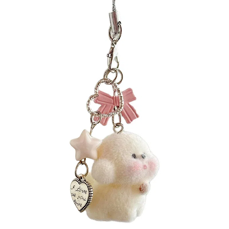 千桐 萌萌蝴蝶结小狗 可爱日系精致毛绒卡通甜美萌狗 时尚手机钥匙包包挂饰 简约森系俏皮小清新吊牌#好运 树脂 挂件 男女同款情侣款