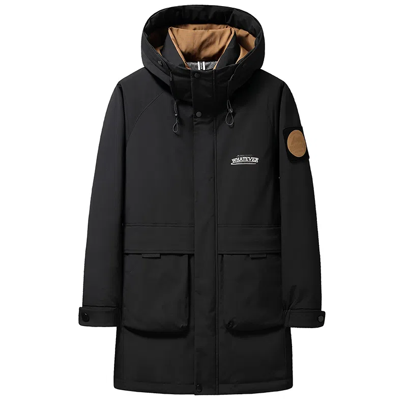 鸭鸭 工装风格纯色连帽大口袋情侣保暖通勤休闲中长款百搭羽绒服 男女同款