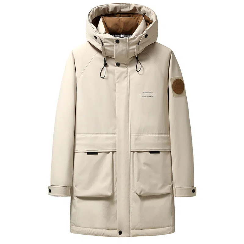 鸭鸭 工装风格纯色连帽大口袋情侣保暖通勤休闲中长款百搭羽绒服 男女同款