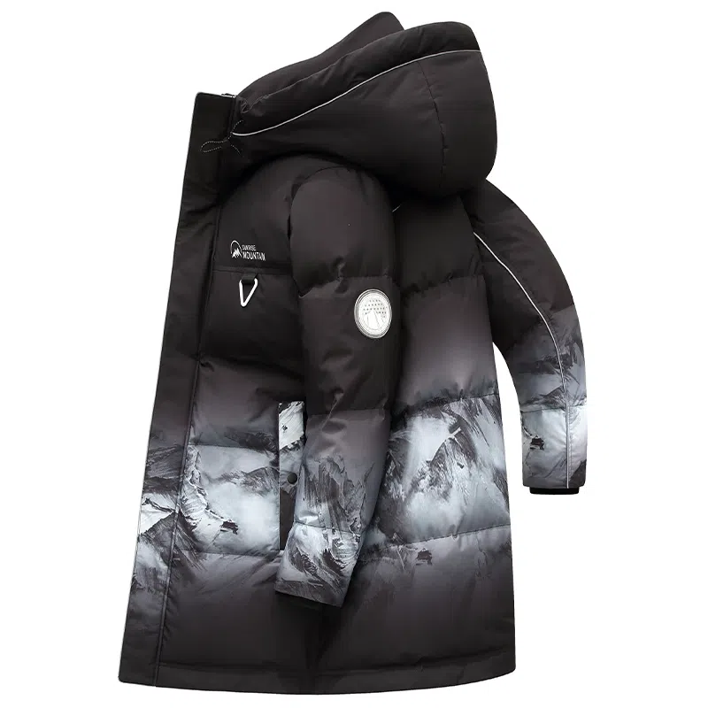 鸭鸭 雪山渐变迷彩系列 情侣中长款户外保暖连帽韩版休闲宽松潮流羽绒服 男女同款