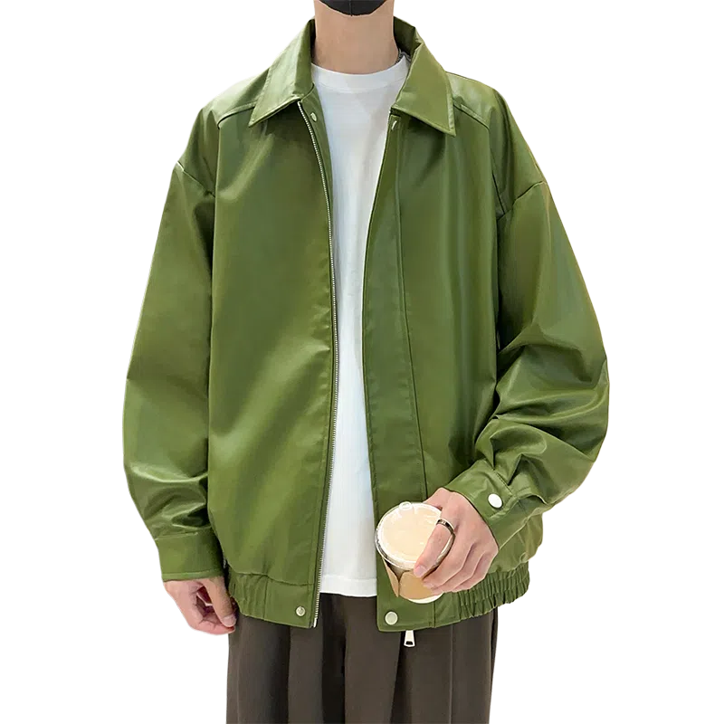 宝米卡 美拉德纯色翻领机车外套休闲春秋潮皮衣 男女同款