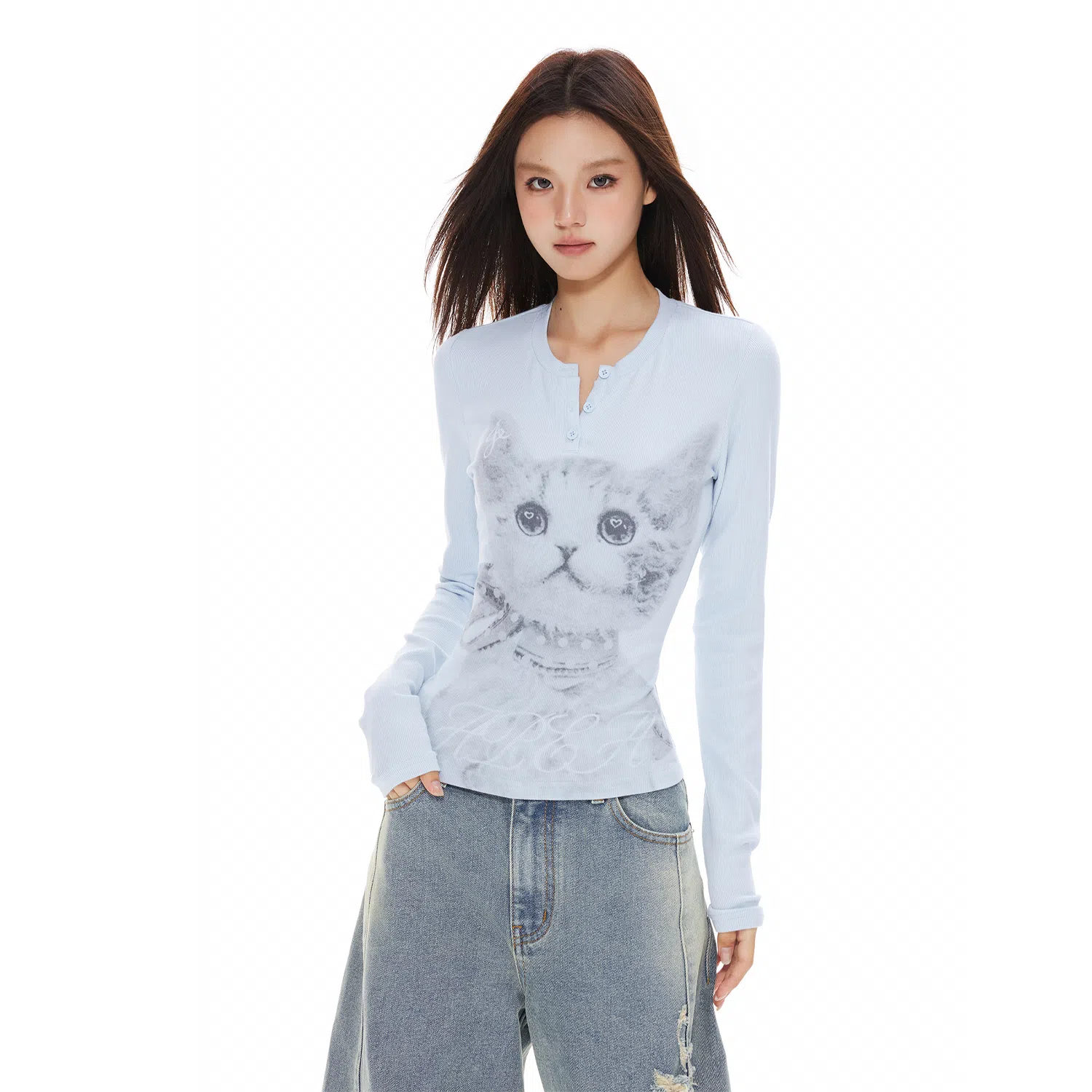 APEA Cat Print Henley Top