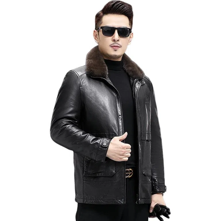 比利斯山羊 水貂毛领商务休闲真皮皮衣 男女同款