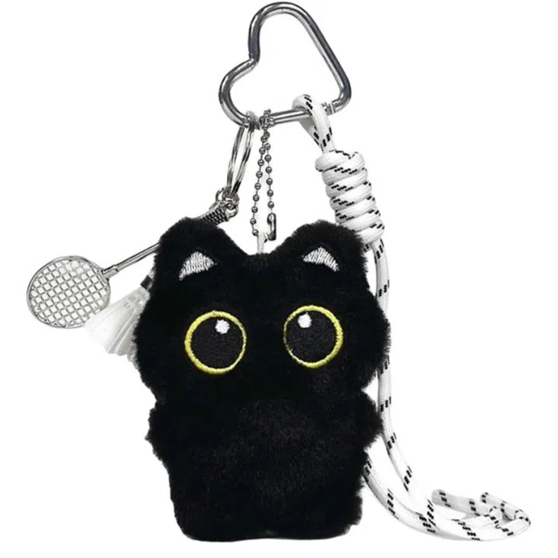 千桐 羽毛球小黑猫 日系可爱萌趣小猫 森系多巴胺爱心挂绳 创意清新卡通包包百搭#好运 毛绒 挂件 男女同款情侣款