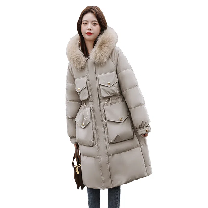 鸭鸭 中长款百搭狐狸毛领常规长袖羽绒服 女款