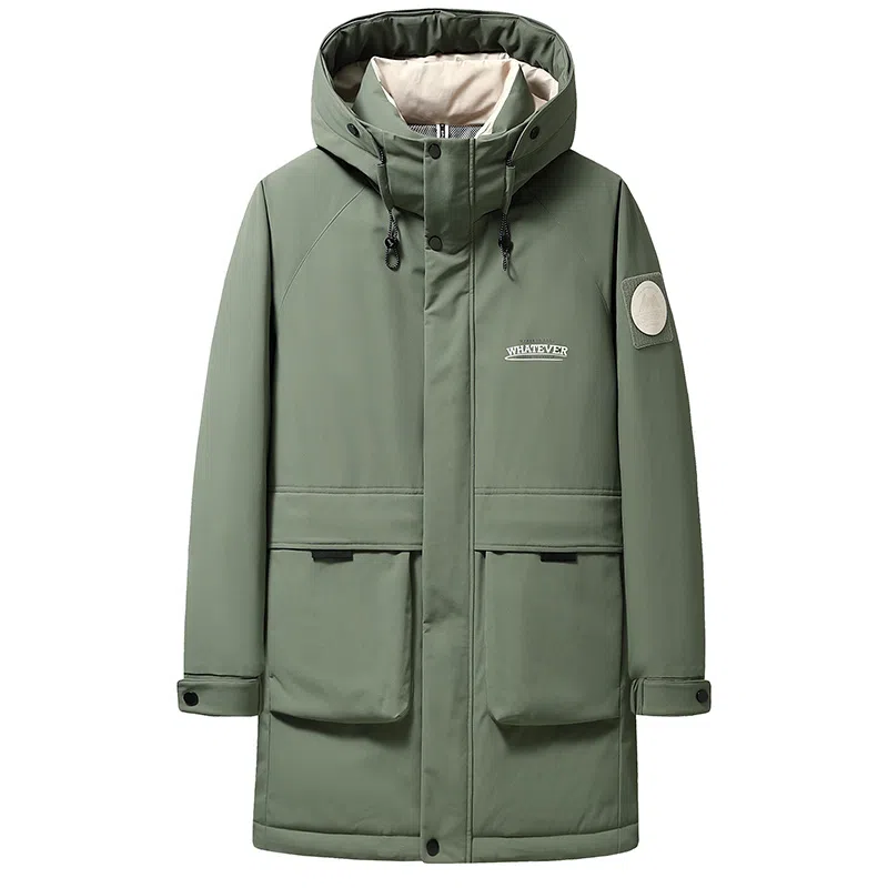 鸭鸭 工装风格纯色连帽大口袋情侣保暖通勤休闲中长款百搭羽绒服 男女同款