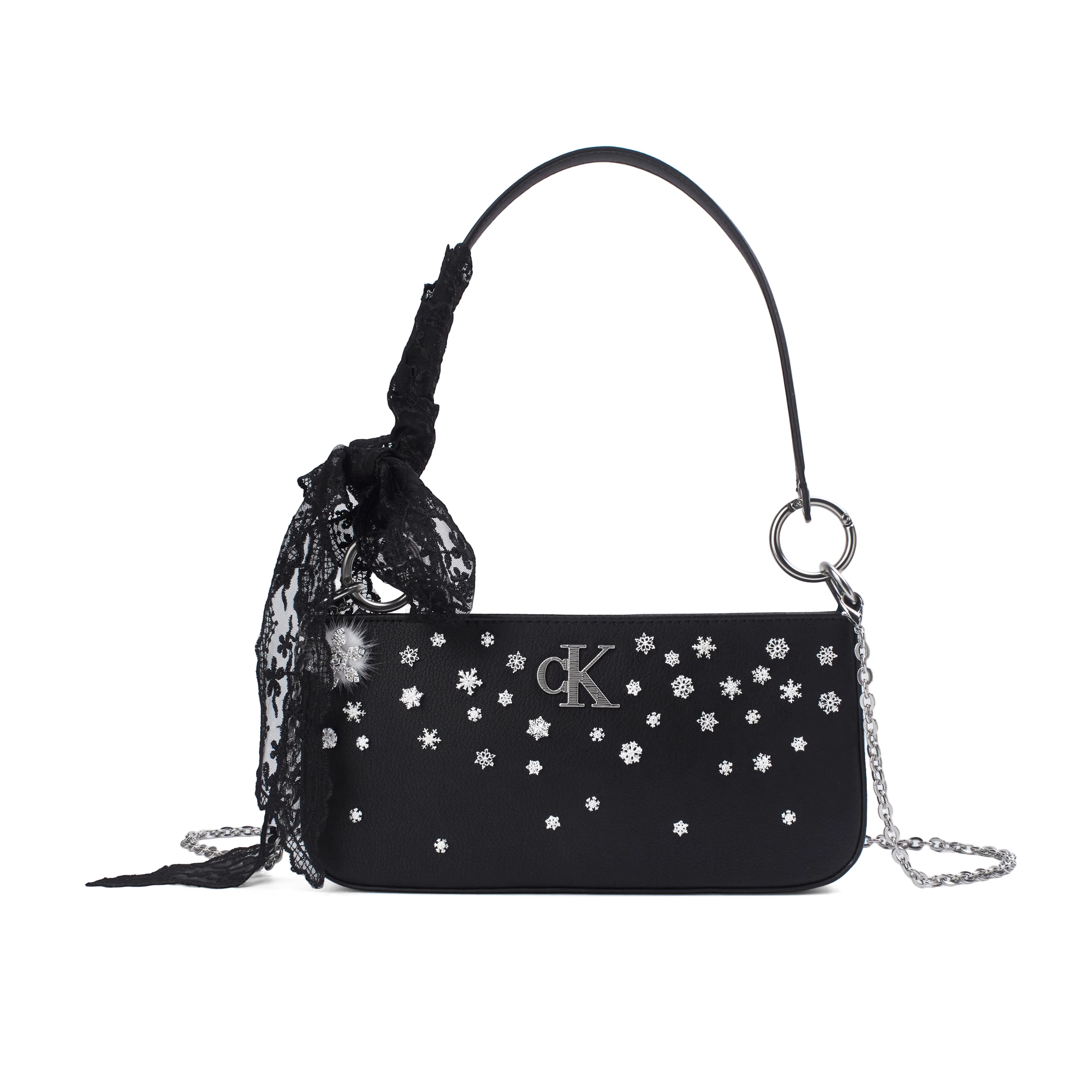 Calvin Klein Snow Country Love Letter Ido Lace Rhinestone Shoulder Bag Black