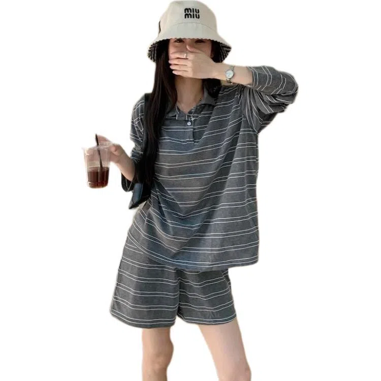 苏九儿 慵懒复古条纹宽松百搭休闲套装 女款