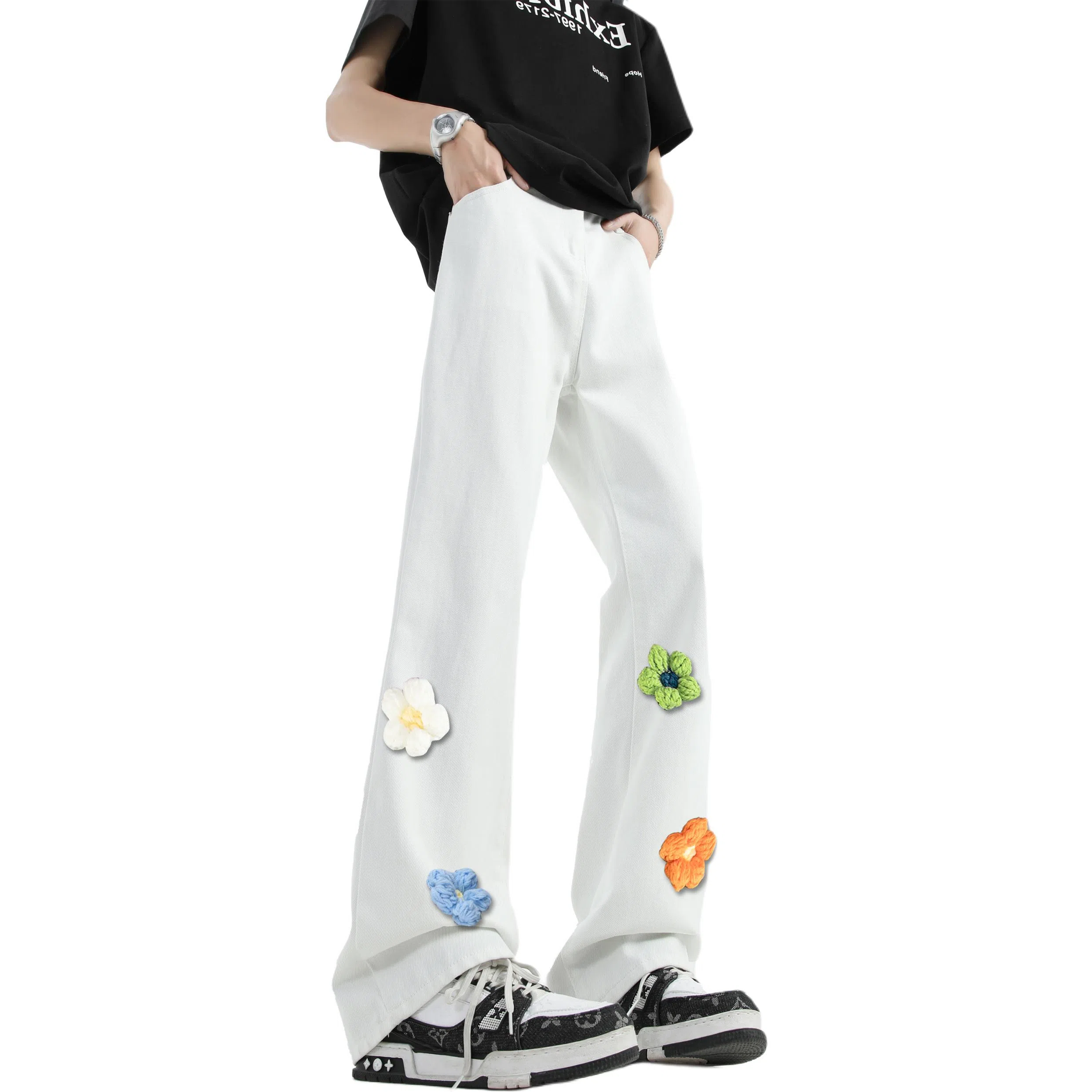 【3D立体线绒刺绣】布客行 美式高街微喇修身显高显腿长潮牌花卉休闲百搭长裤子复古水洗做旧文艺风通勤弯刀弹力牛仔裤 男女同款