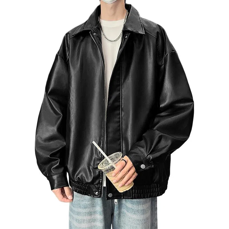 宝米卡 美拉德纯色翻领机车外套休闲春秋潮皮衣 男女同款