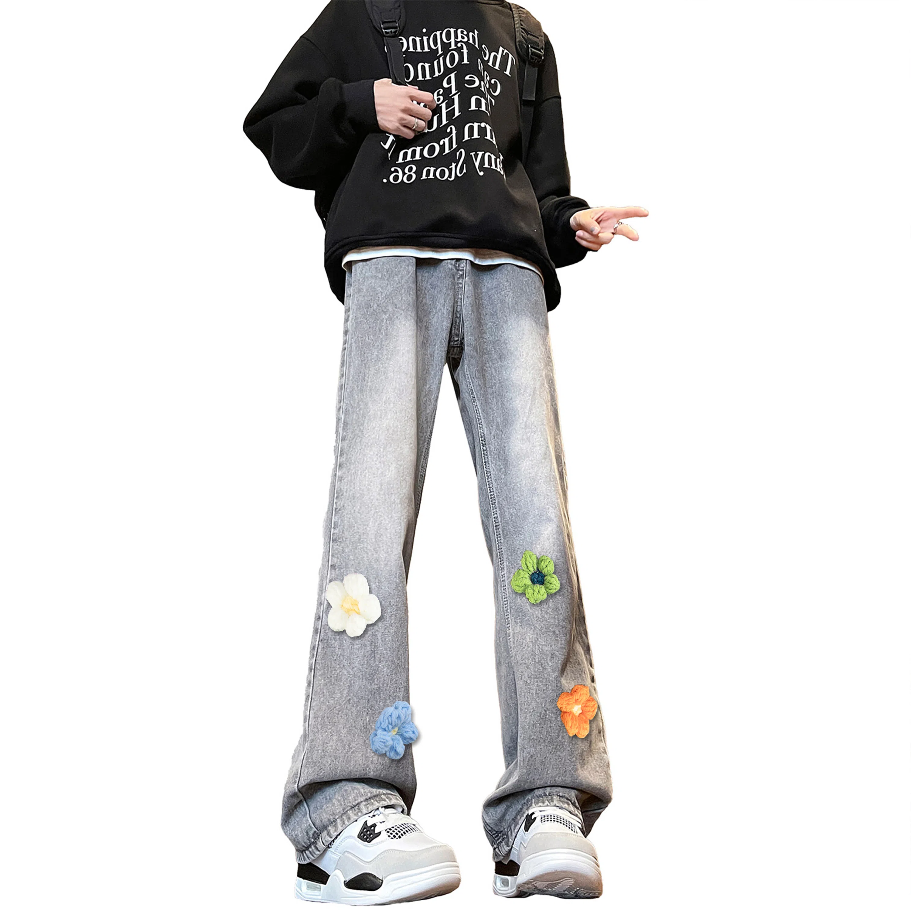 【3D立体线绒刺绣】布客行 美式高街微喇修身显高显腿长潮牌花卉休闲百搭长裤子复古水洗做旧文艺风通勤弯刀弹力牛仔裤 男女同款
