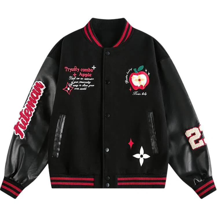 稻草人  苹果小猫毛巾绣美式潮牌拼接撞色棒球服 男女同款