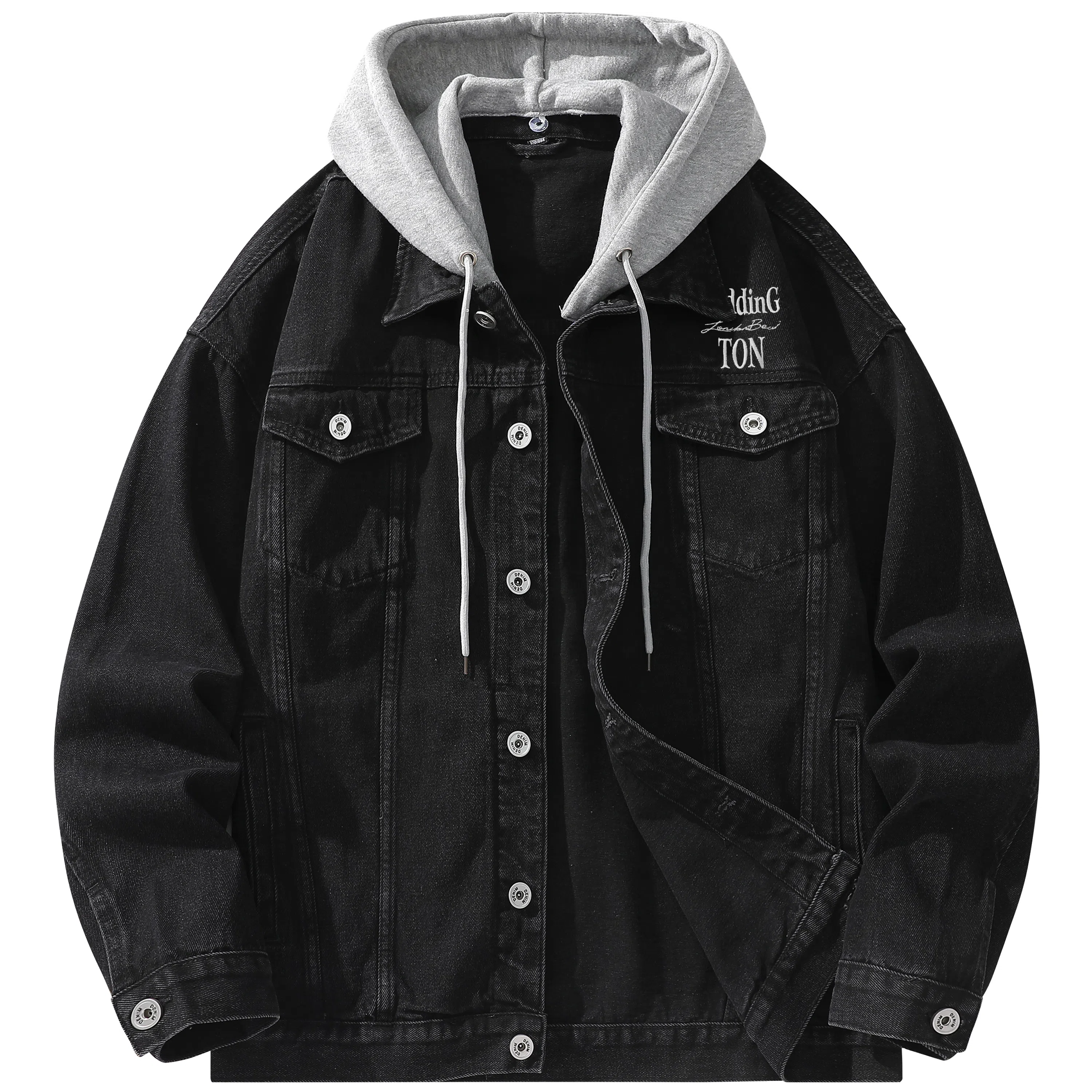 帕丁顿熊 美式基础款绅士小熊字母刺绣假两件连帽可拆卸复古水洗宽松百搭夹克牛仔外套 男女同款