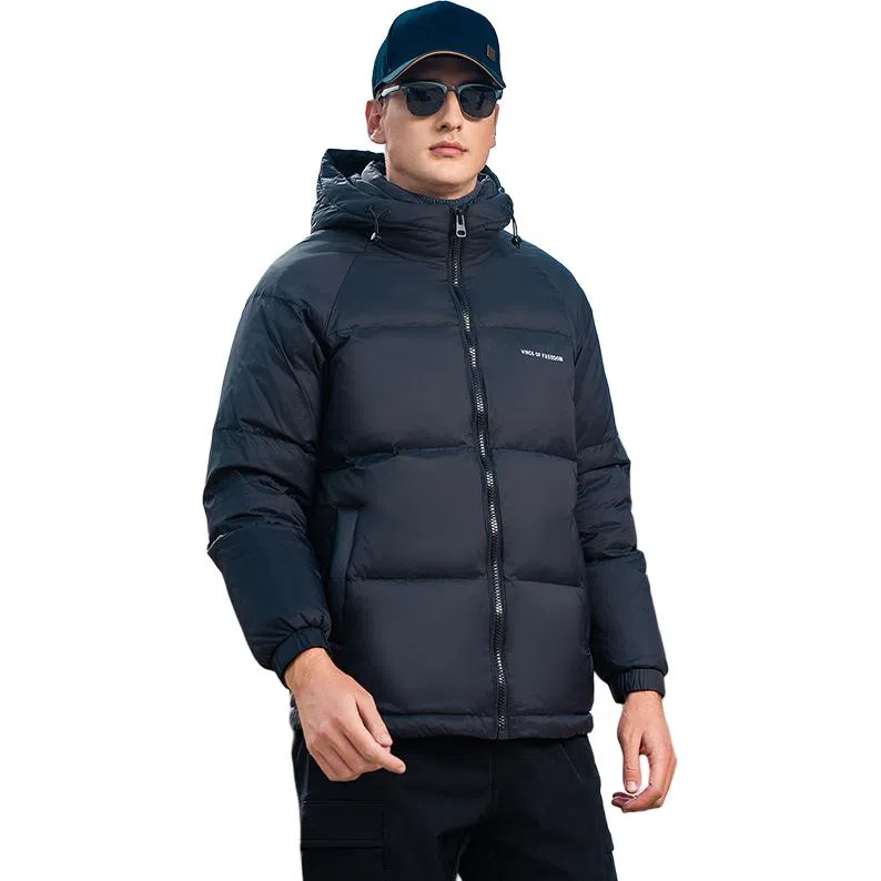 鸭鸭 极寒户外系列 中青年纯色韩版休闲基础百搭短款连帽加厚保暖运动面包羽绒服 男款