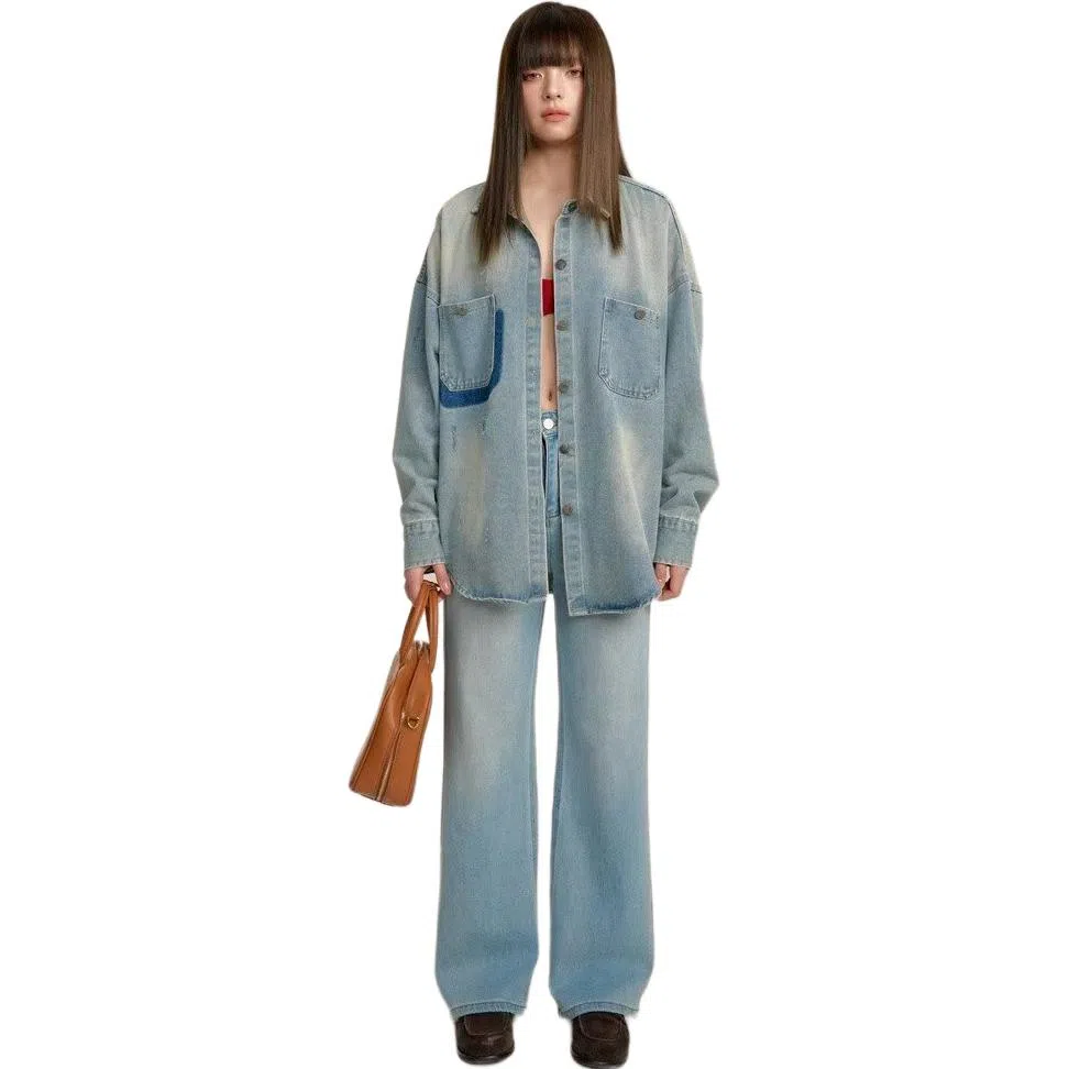 欧迪芬 复古做旧磨破衬衫女个性设计感衬衣休闲宽松显瘦百搭上衣潮流街头痞帅牛仔外套 女款