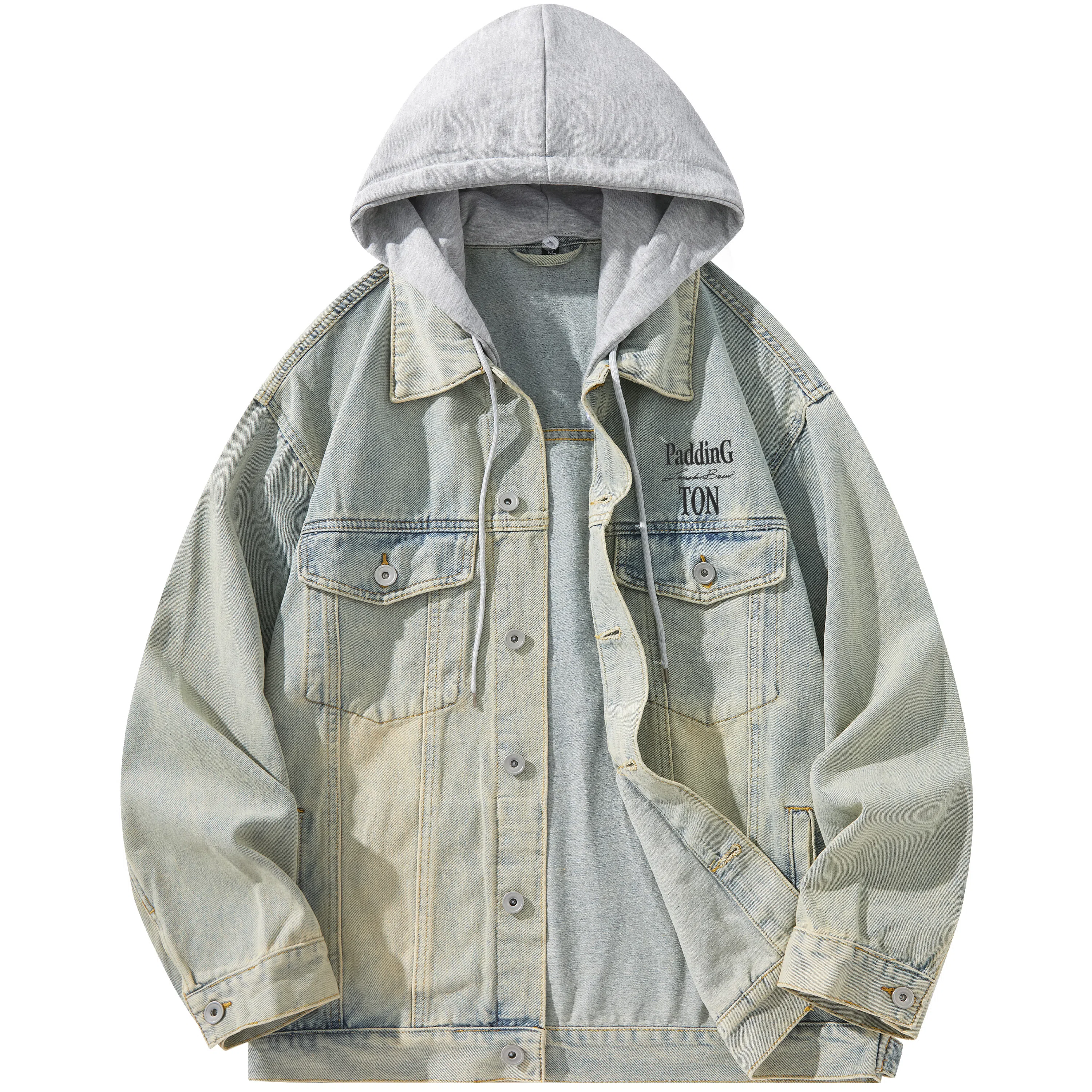 帕丁顿熊 美式基础款绅士小熊字母刺绣假两件连帽可拆卸复古水洗宽松百搭夹克牛仔外套 男女同款