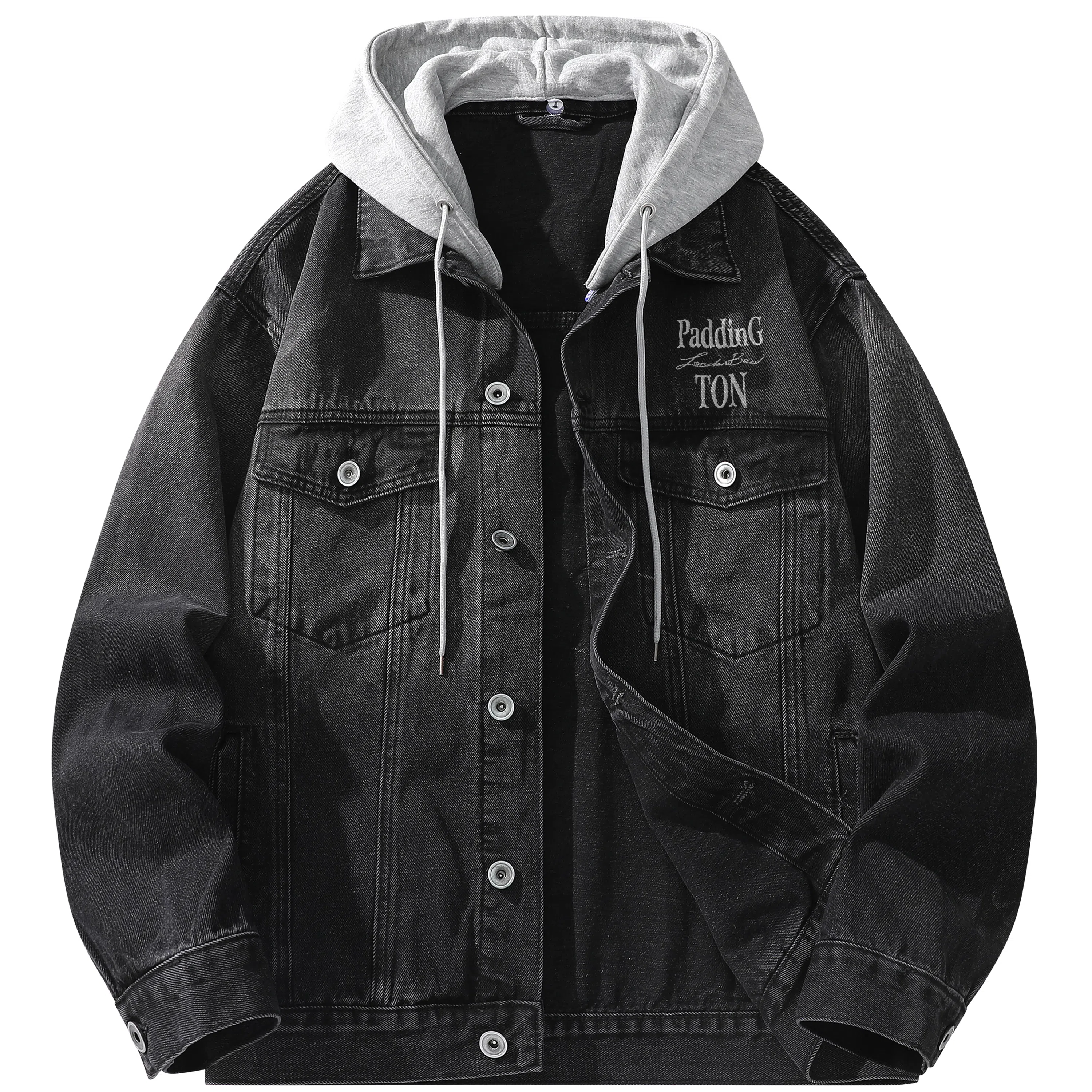 帕丁顿熊 美式基础款绅士小熊字母刺绣假两件连帽可拆卸复古水洗宽松百搭夹克牛仔外套 男女同款