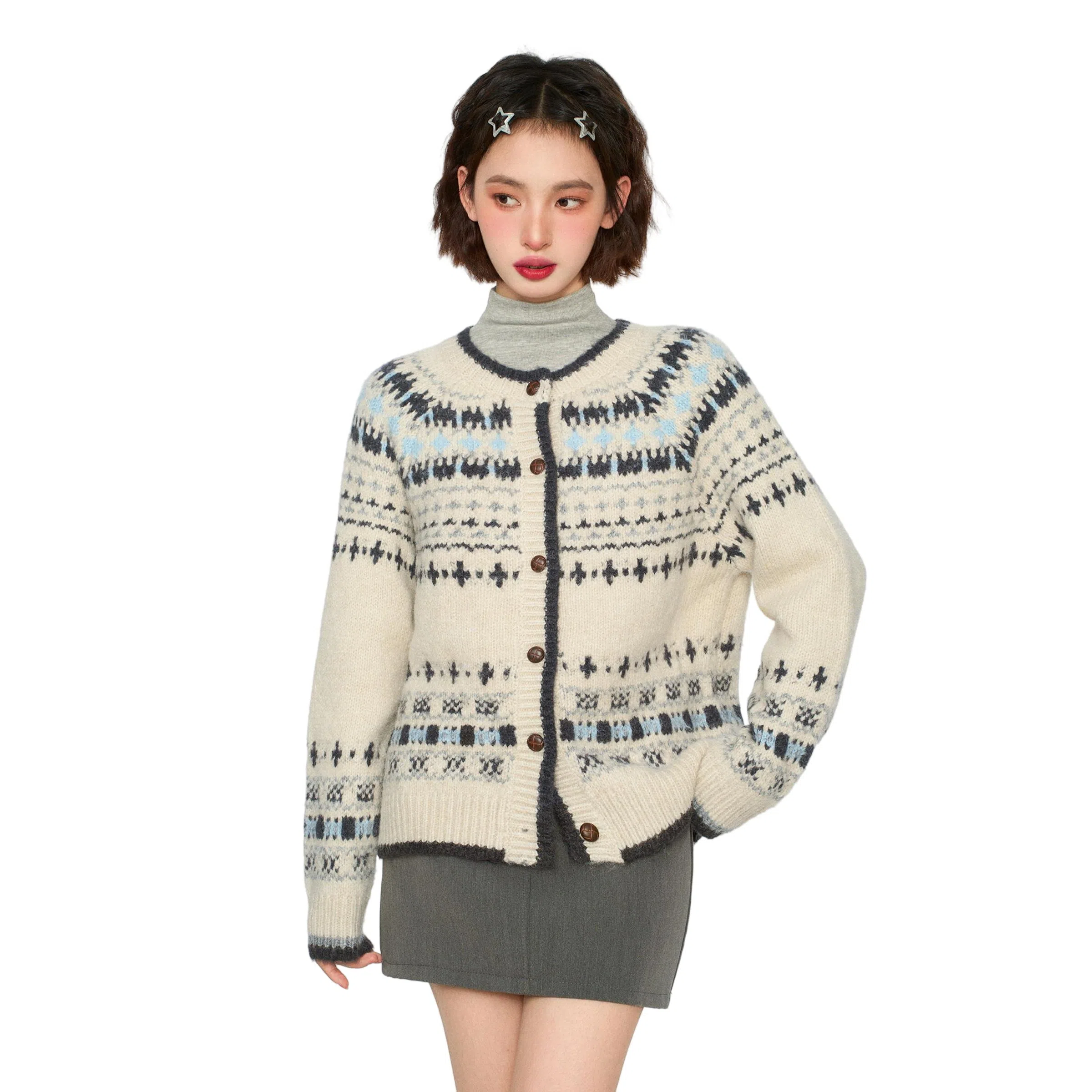 柏黛妃 复古费尔岛针织衫外穿加厚羊毛外套上衣 女款