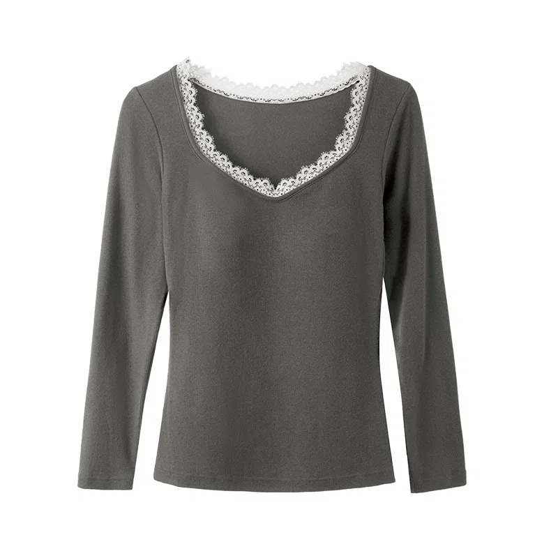 内在密码 带胸垫内衣女秋冬打底衫贴身内搭法式赫本领蕾丝拼接长袖保暖上装 女款