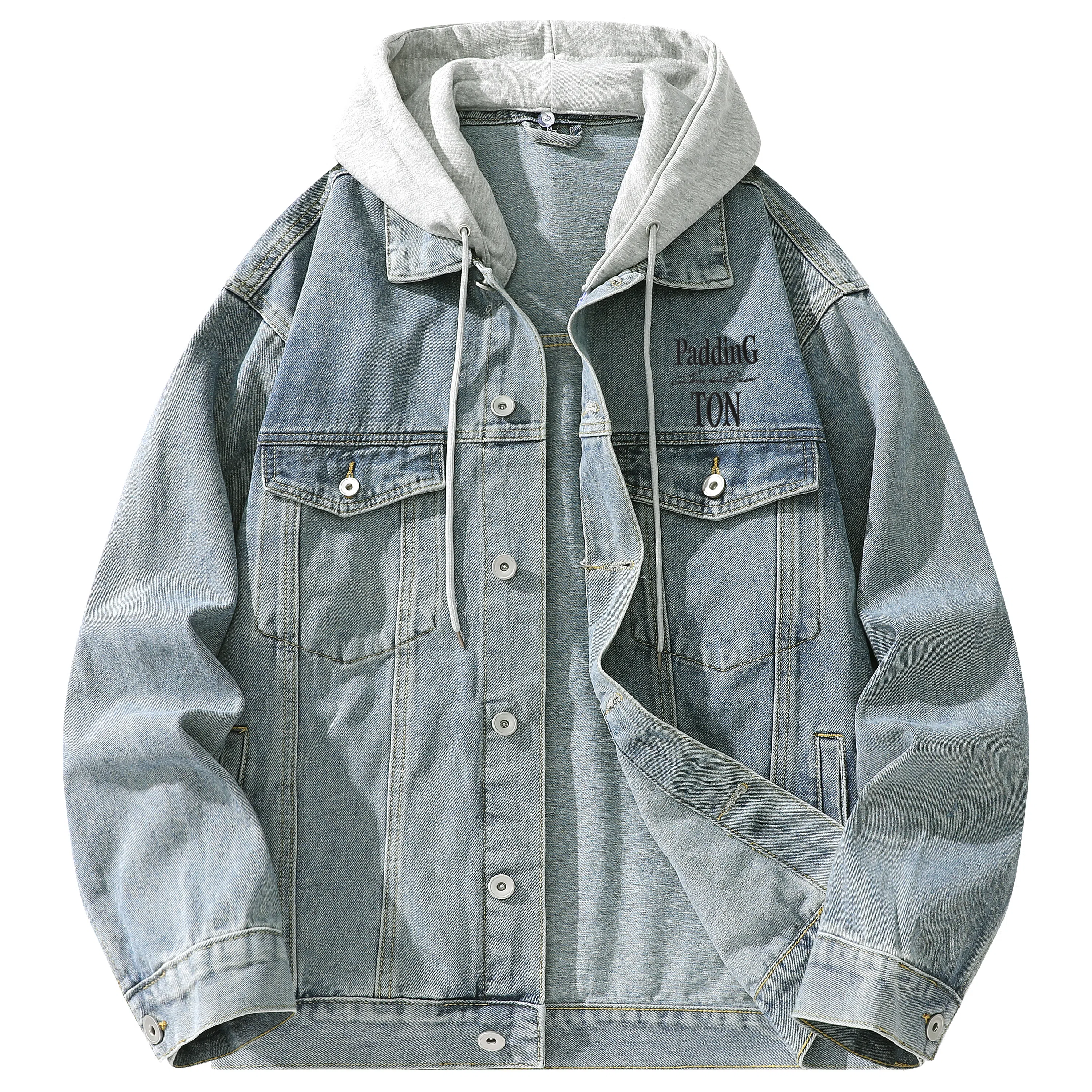 帕丁顿熊 美式基础款绅士小熊字母刺绣假两件连帽可拆卸复古水洗宽松百搭夹克牛仔外套 男女同款