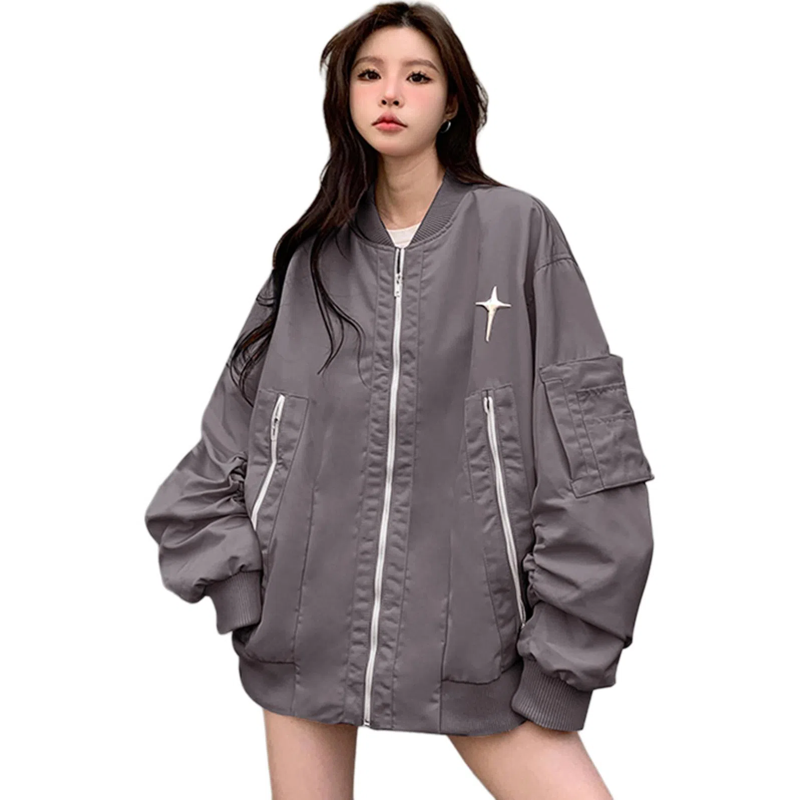 UNA RETA Vintage Star Zip Baseball Jacket