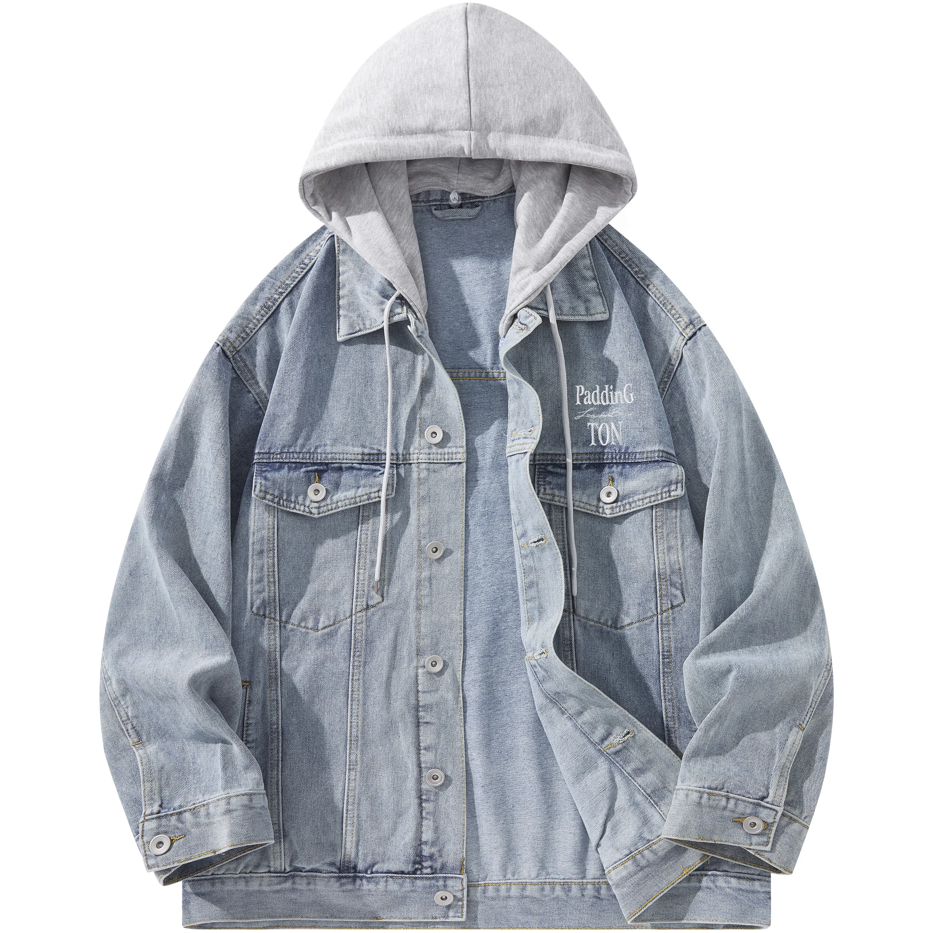 帕丁顿熊 美式基础款绅士小熊字母刺绣假两件连帽可拆卸复古水洗宽松百搭夹克牛仔外套 男女同款