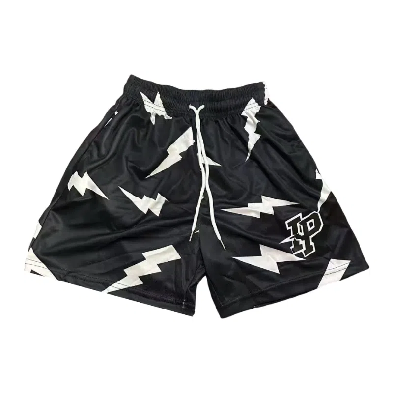 泡泡陷阱 美式高街复古黑色闪电图案印花健身训练休闲时尚运动速干短裤篮球裤 男女同款