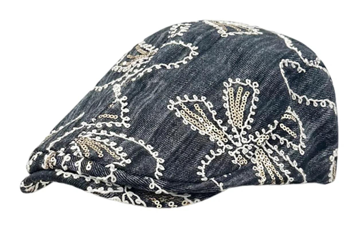 优幽兰 时尚潮流个性刺绣花朵前进帽子女百搭亮片牛仔鸭舌帽街头显脸小遮阳防晒蓓蕾 聚酯纤维 贝雷帽 女款