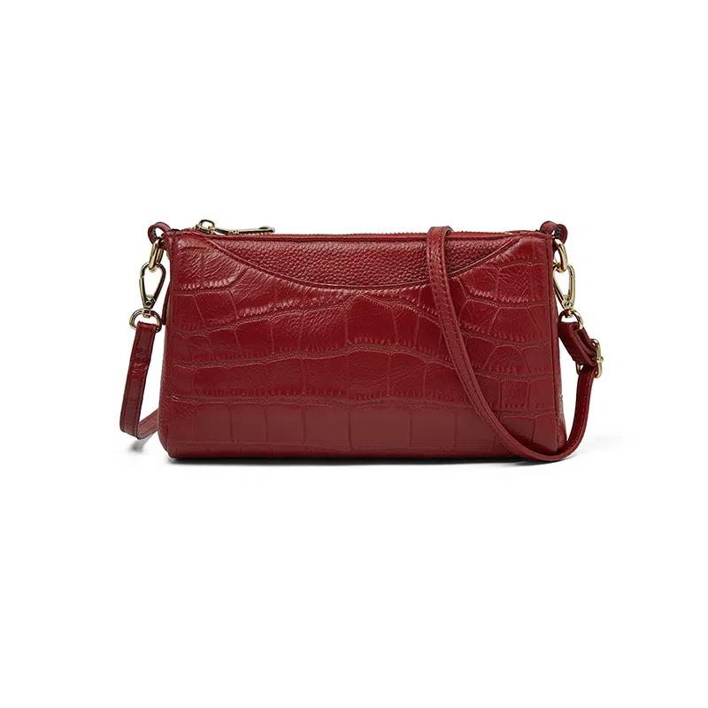老人头 日常通勤鳄鱼纹优雅气质休闲百搭包包 头层牛皮 单肩斜挎包 常规 女款 黑色/红色