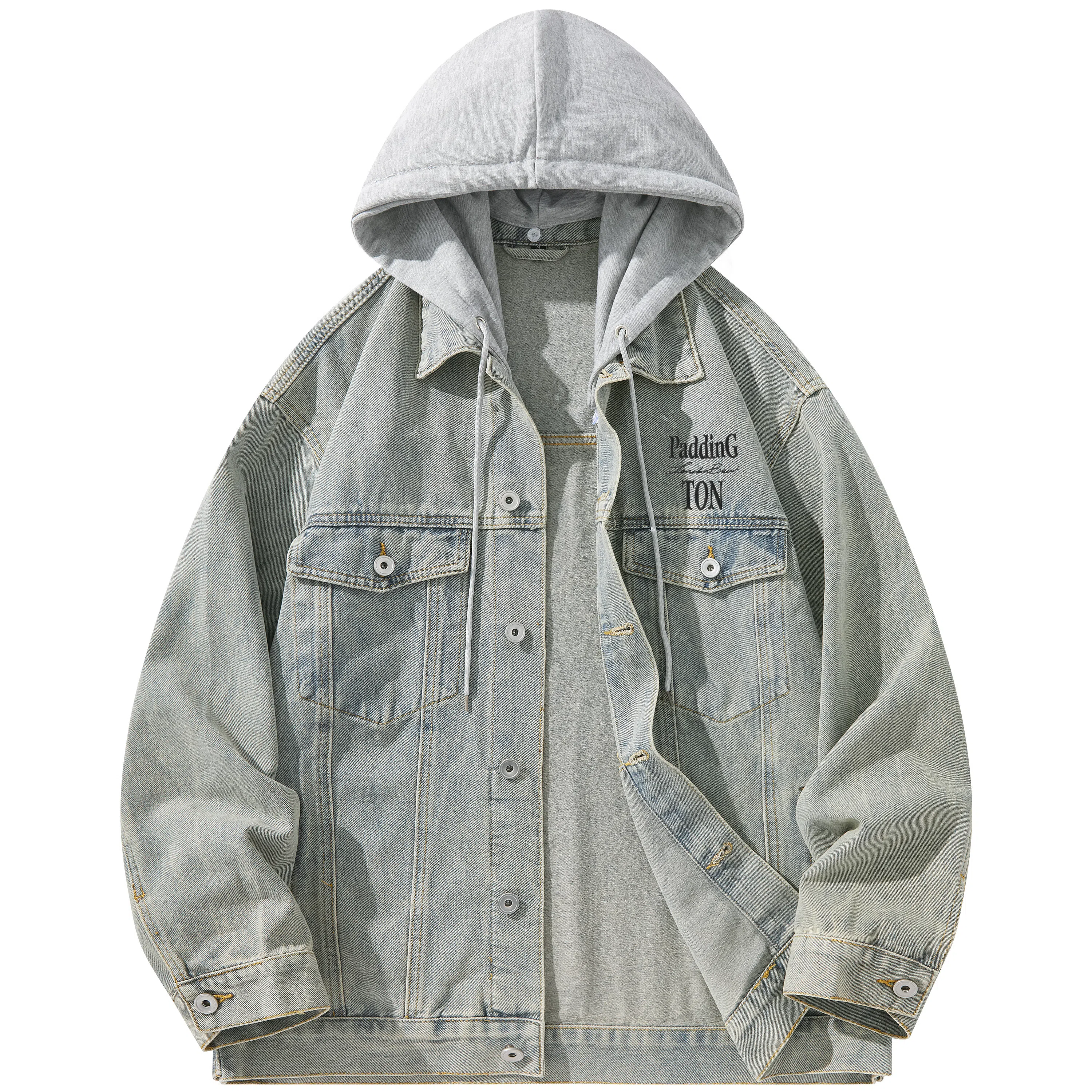 帕丁顿熊 美式基础款绅士小熊字母刺绣假两件连帽可拆卸复古水洗宽松百搭夹克牛仔外套 男女同款