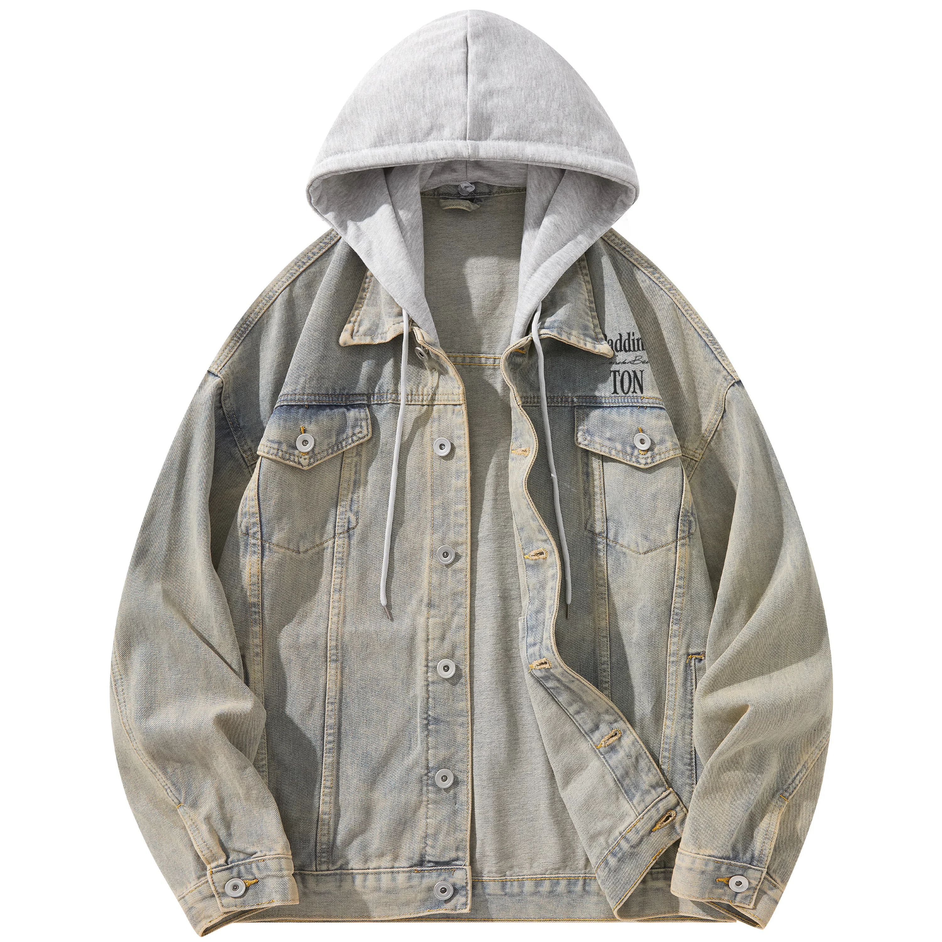 帕丁顿熊 美式基础款绅士小熊字母刺绣假两件连帽可拆卸复古水洗宽松百搭夹克牛仔外套 男女同款